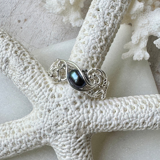 Black Pearl Silver Woven Ring