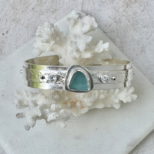 Aqua Sea Glass & CZ Textured Cuff Bracelet