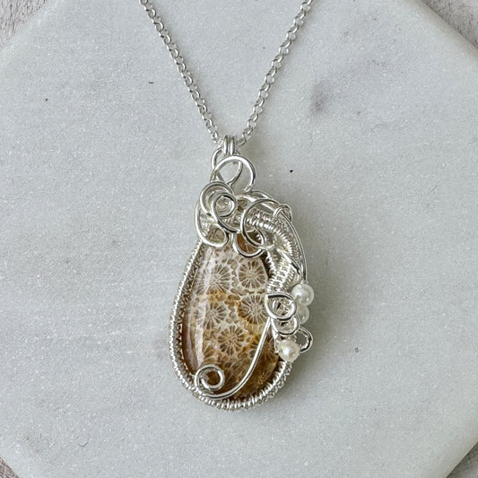 Fossil Coral & Pearl Woven Silver Necklace