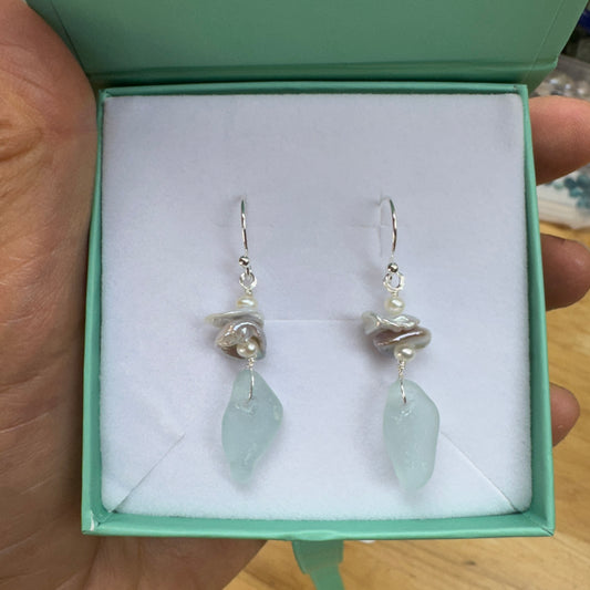 Reserve Listing- Sea Glass & Pearl Earrings - Ann C.