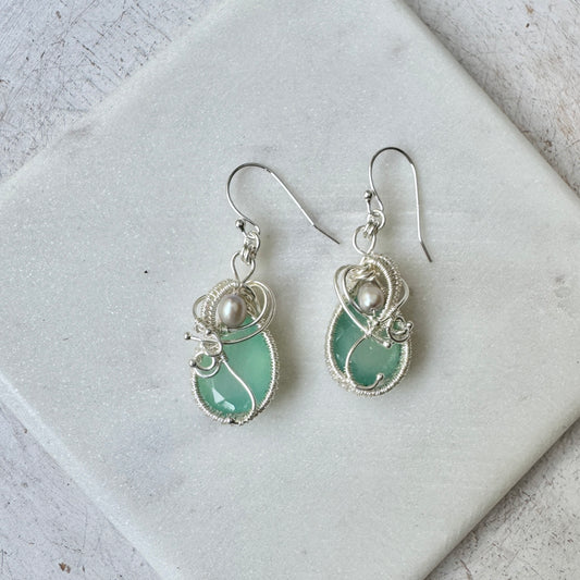 Aqua Chalcedony & Grey Pearl Woven Earrings