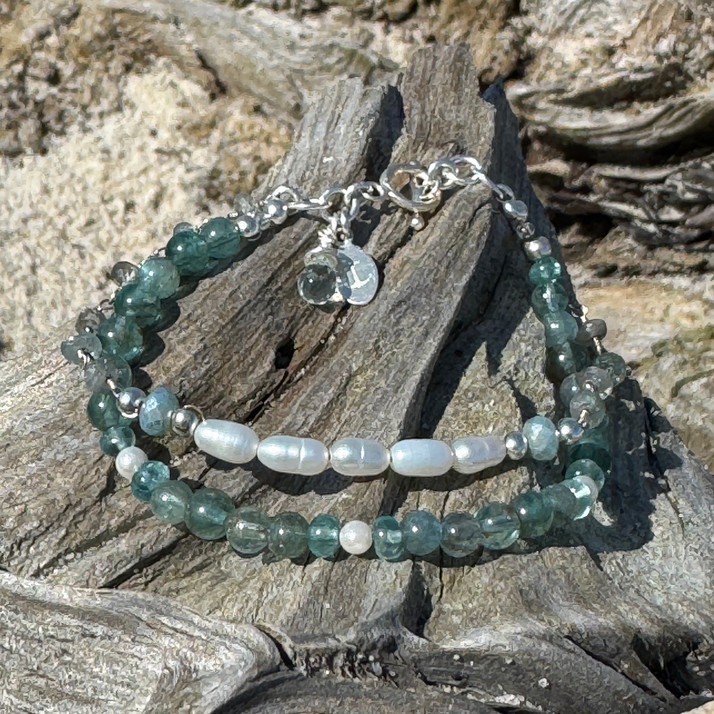 Blue Apatite, Pearl & Sapphire double strand Bracelet