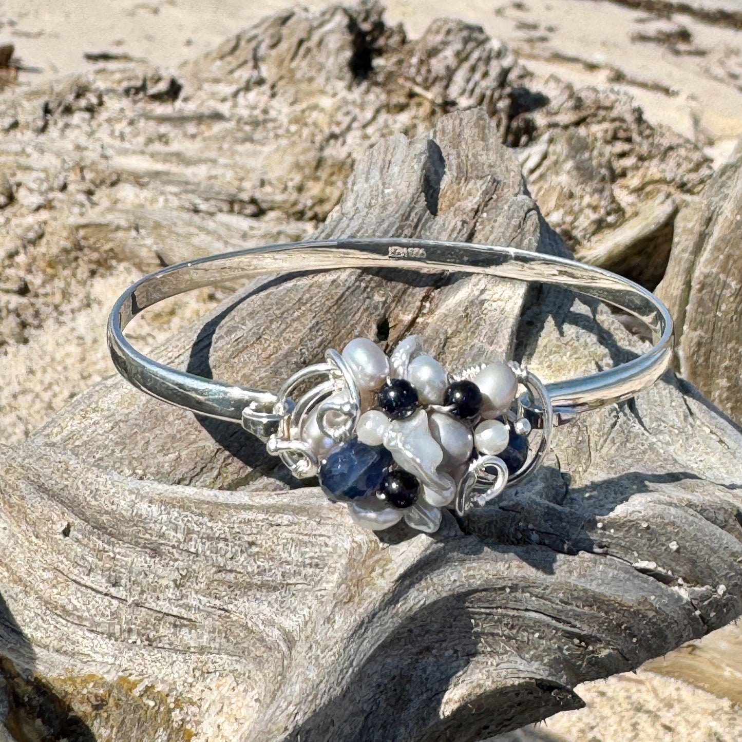 Navy Kyanite & Pearl Hinged Silver Bangle Bracelet