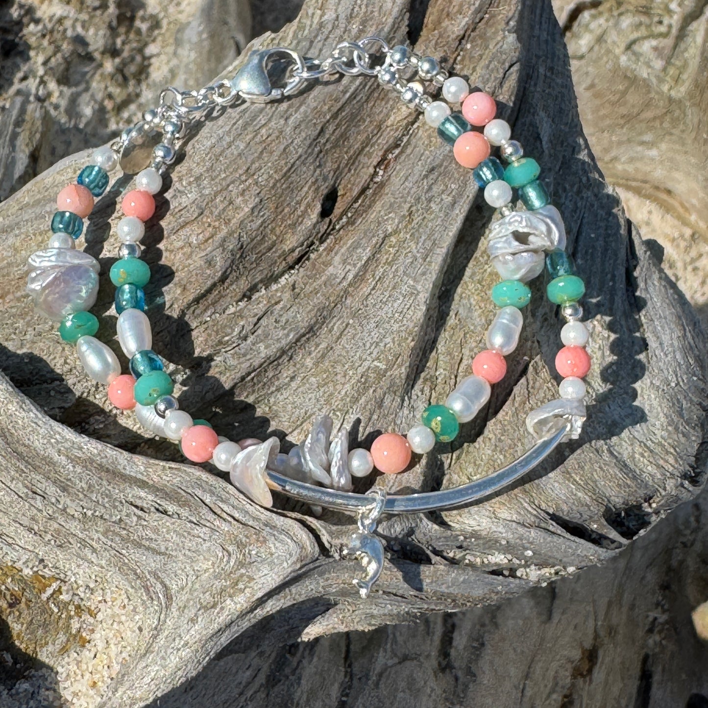 Coral, Pearl & Blue Sea Double Strand Bracelet w/Dolphin Charm