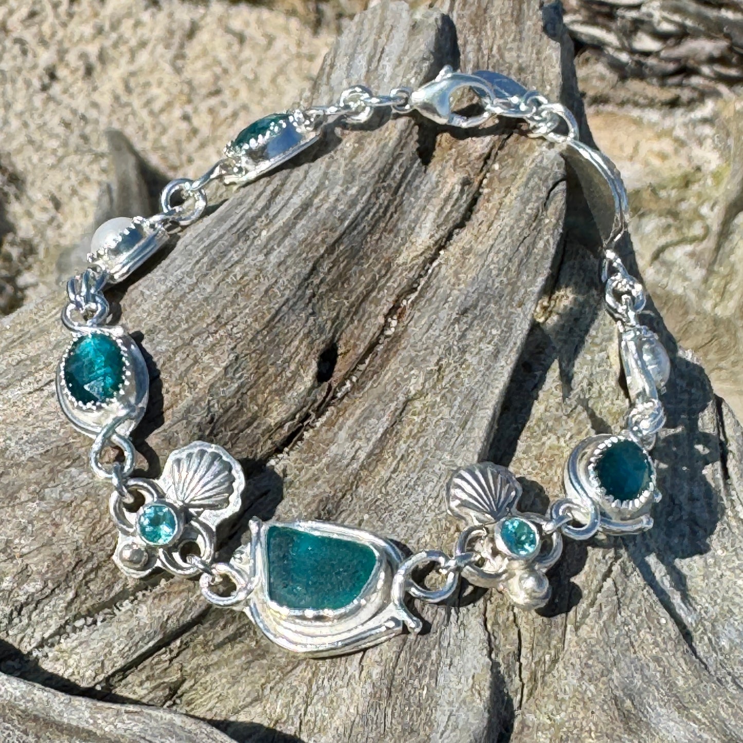 Teal Seaham Sea Glass, Pearl, Bi-Color Kyanite & Apatite Bracelet