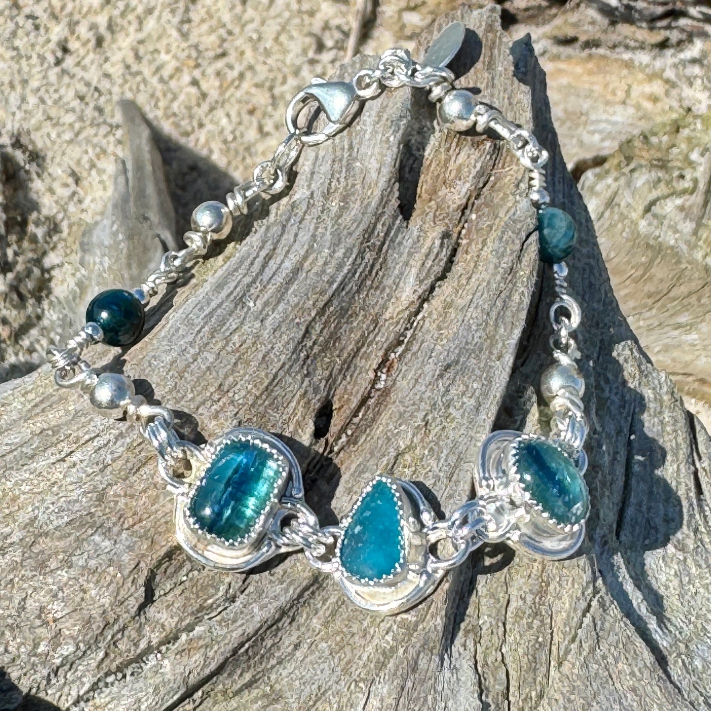 Teal Sea Glass & Bi-Color Kyanite Silver Bracelet