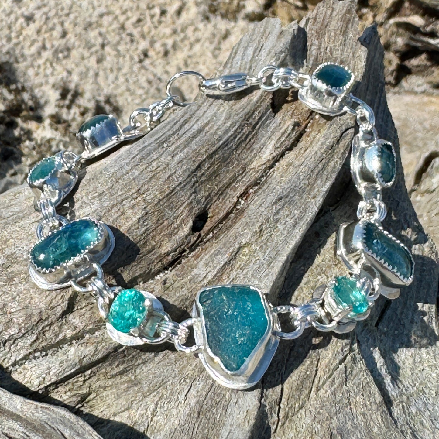 Teal Sea Glass, Blue Kyanite & Pariba Apatite Bracelet