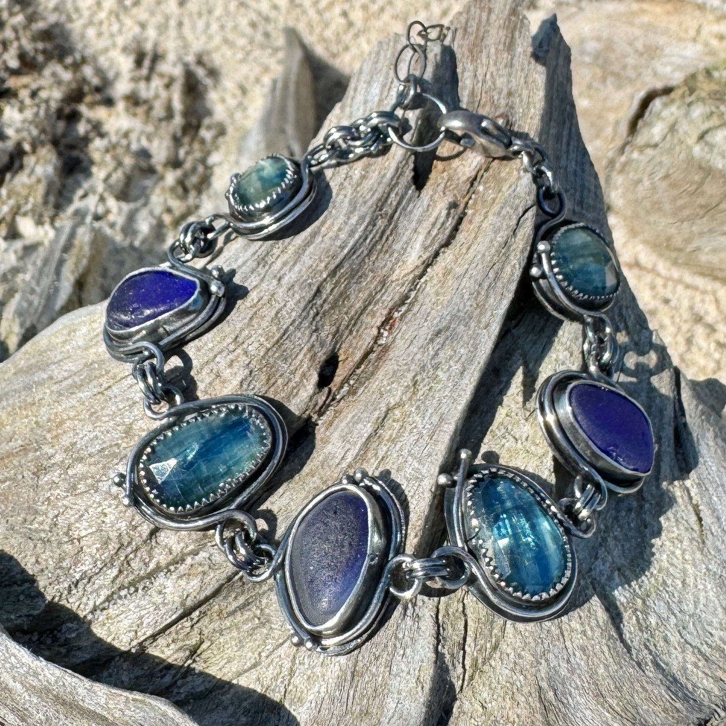 Bi-Color Kyanite & Blue Seaham Sea Glass Bezel Set Bracelet