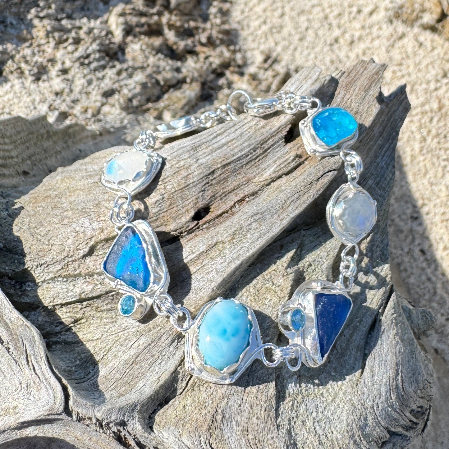 Teal Sea Glass, Larimar, Topaz & Moonstone Bracelet