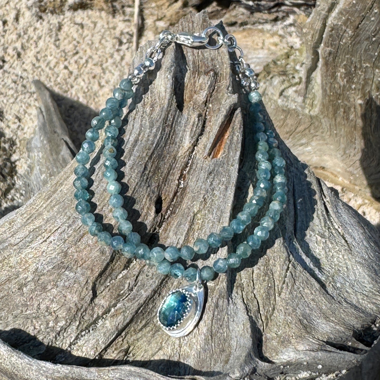 Bi-Color Kyanite Gemstone 2-Strand Bracelet with Kyanite Charm