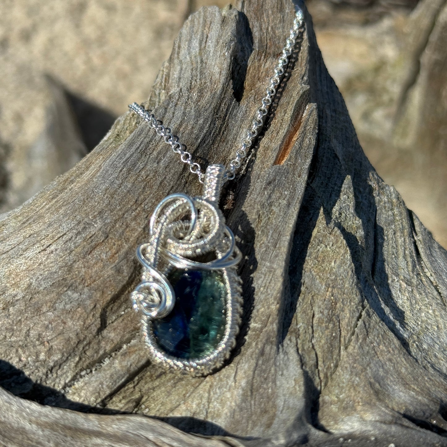 Bi-Color Kyanite Silver Woven Teardrop Necklace