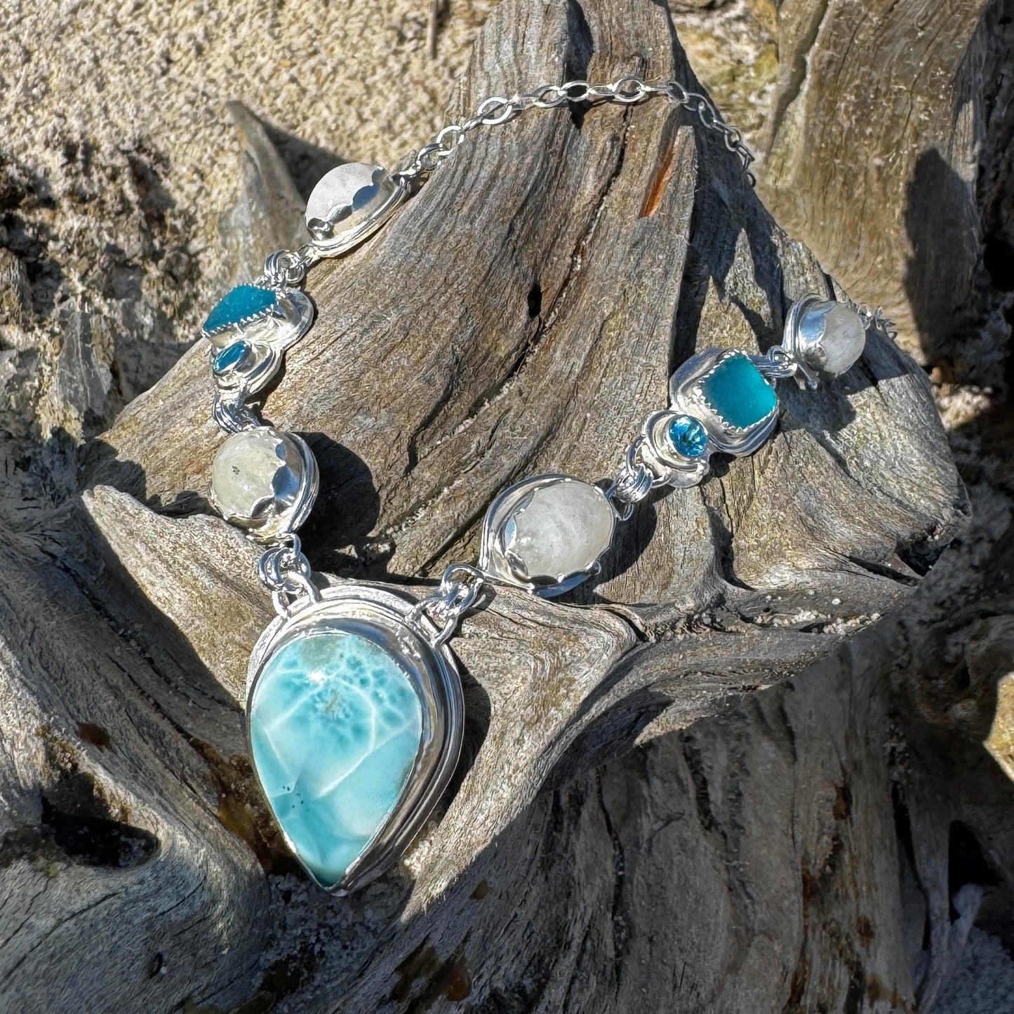 Teal Sea Glass, Larimar, Topaz & Moonstone Necklace