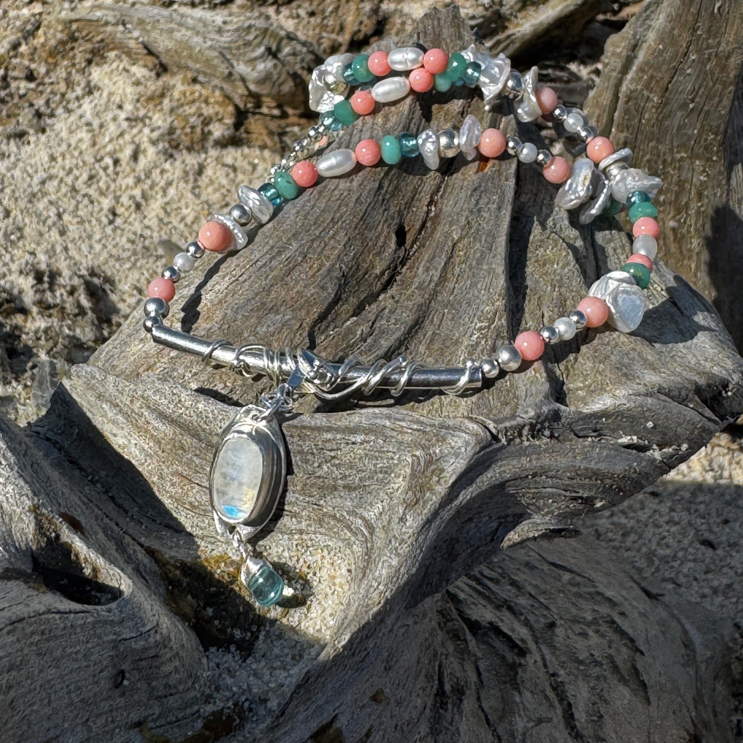 Coral, Pearl & Blue Sea Necklace with Moonstone Pendant