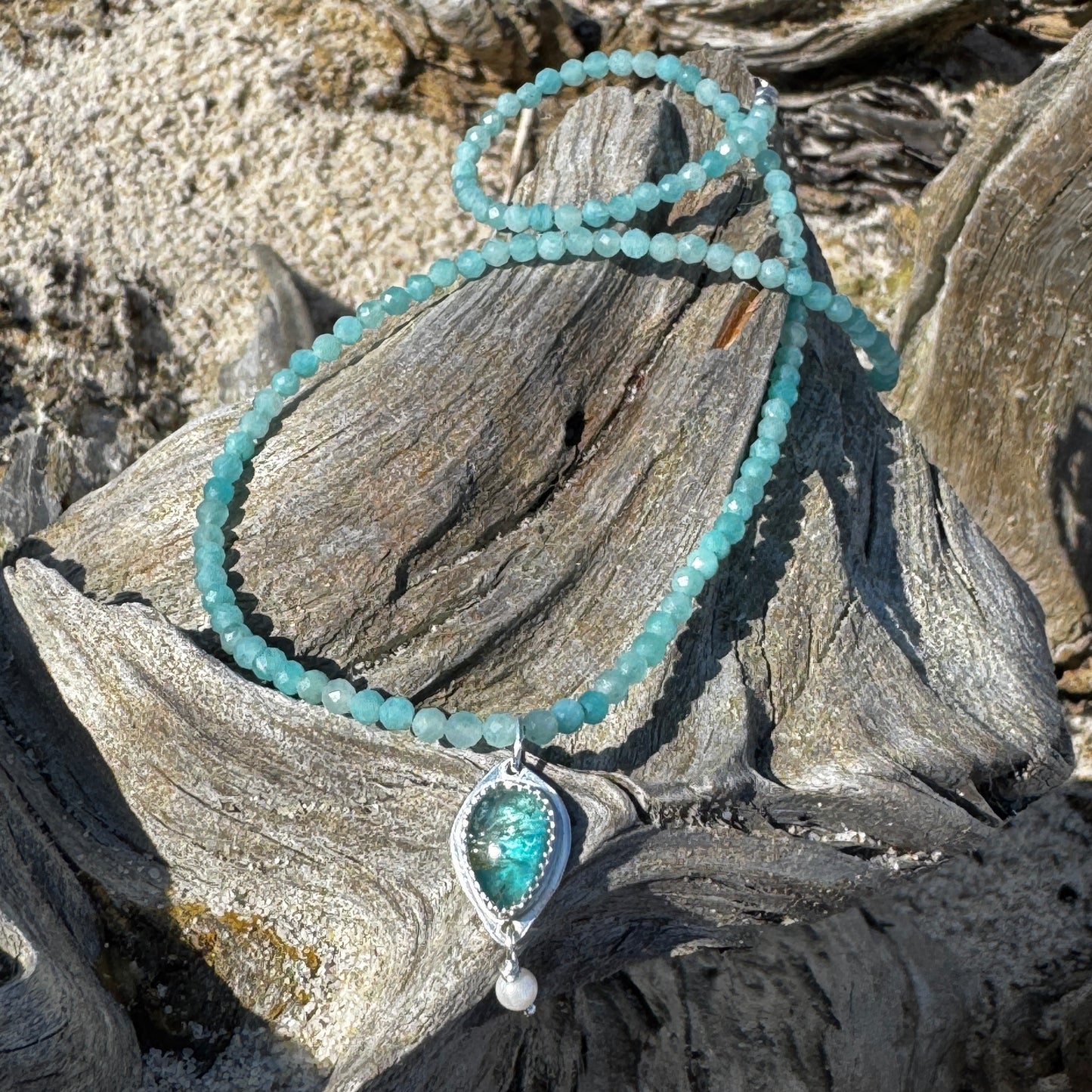 Apatite/Rutilated Quartz Dublet & Amazonite Necklace