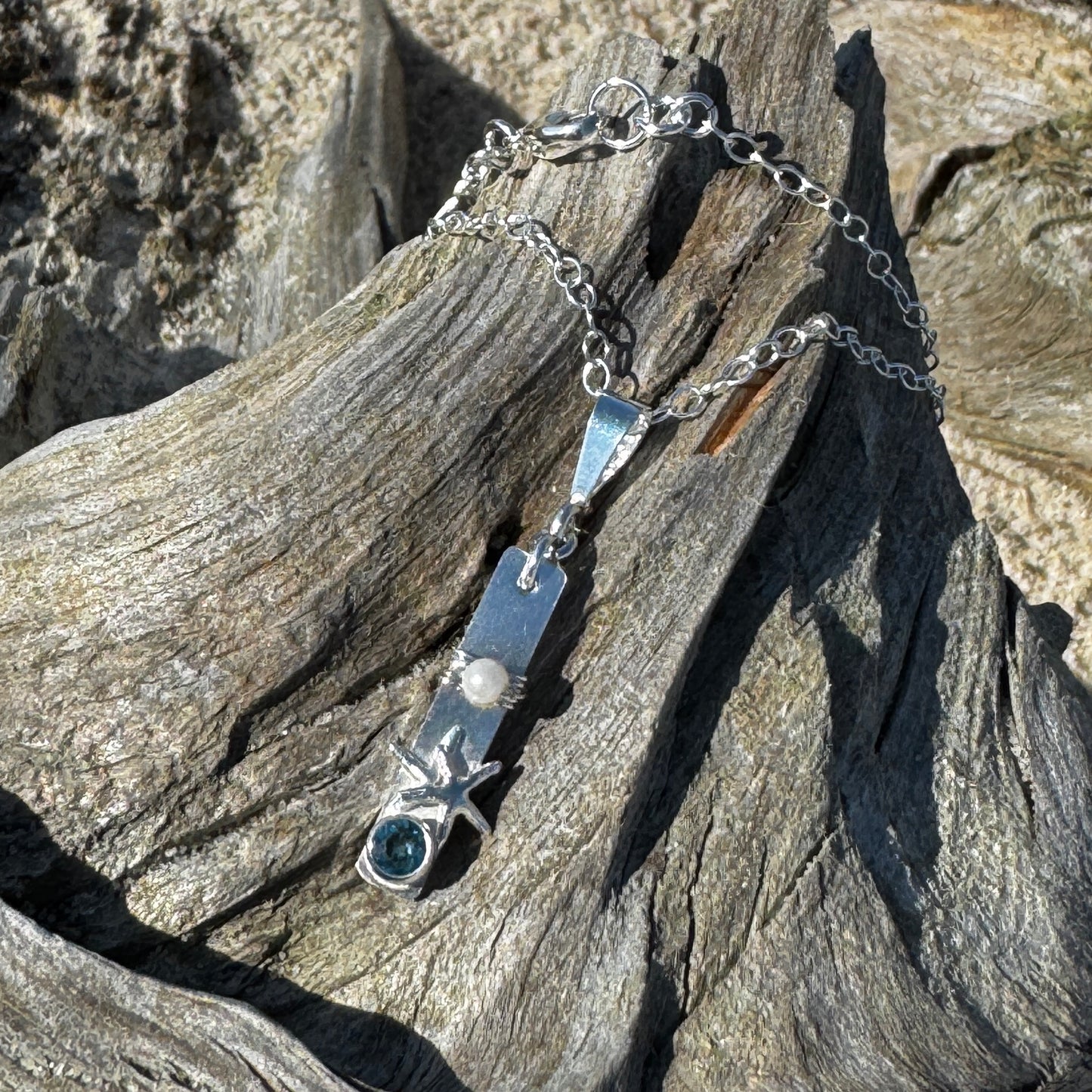 Blue Topaz Starfish & Pearl Bar Necklace