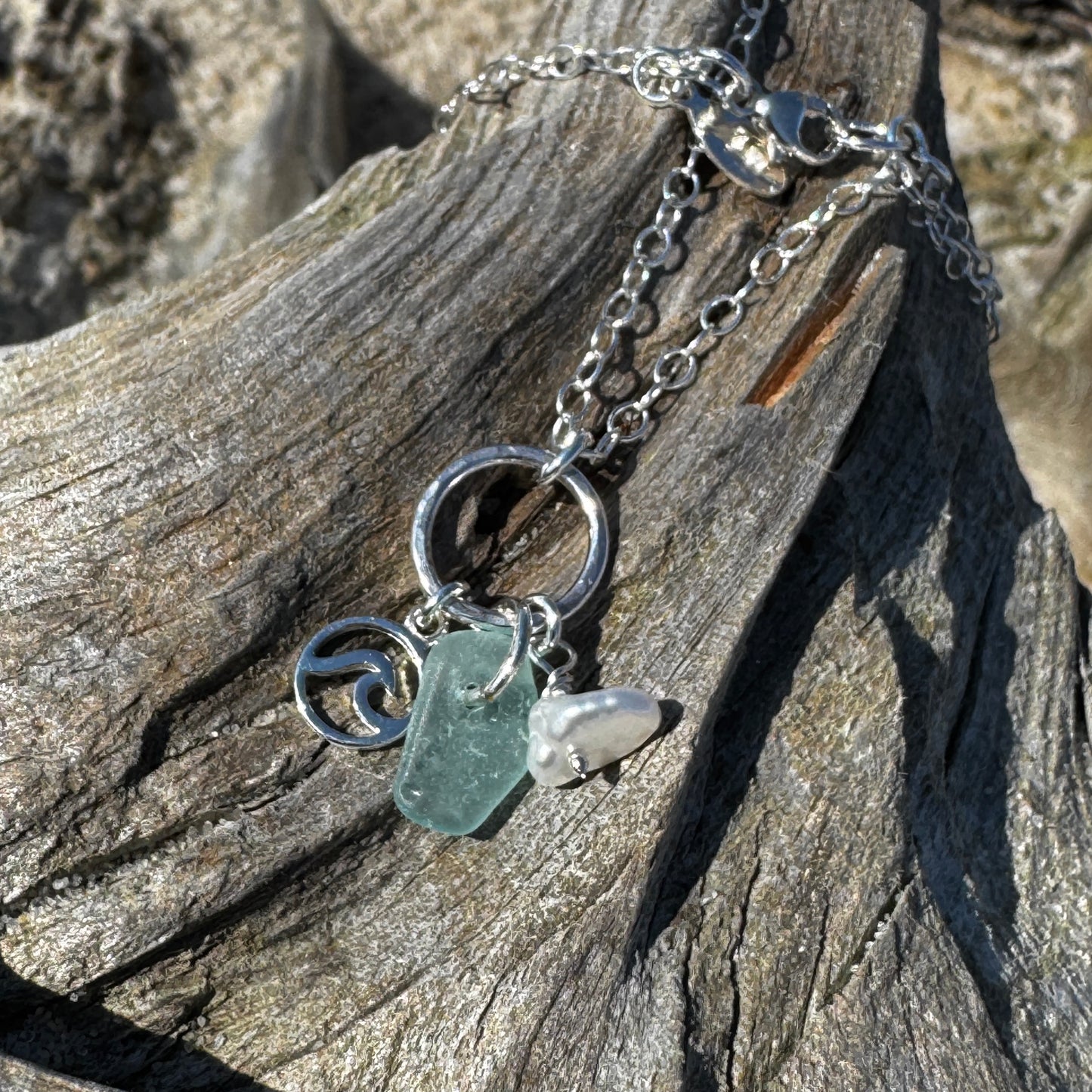 Aqua Sea Glass, Pearl & Charm Necklace