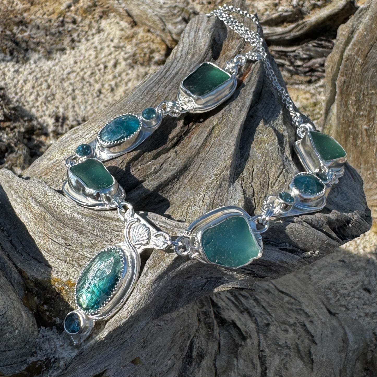 Teal Sea Glass, Bi-Color Kyanite & Blue Topaz Bezel Set Necklace