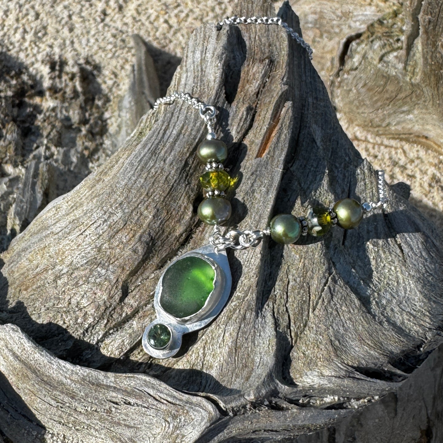 Kelly Green Sea Glass & Green Apatite 2-Stone Necklace