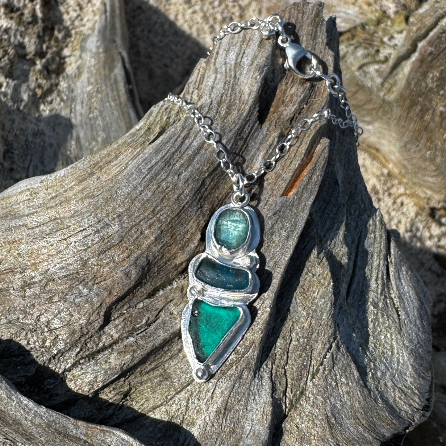 Teal & Blue Sea Glass & Ocean Kyanite Necklace