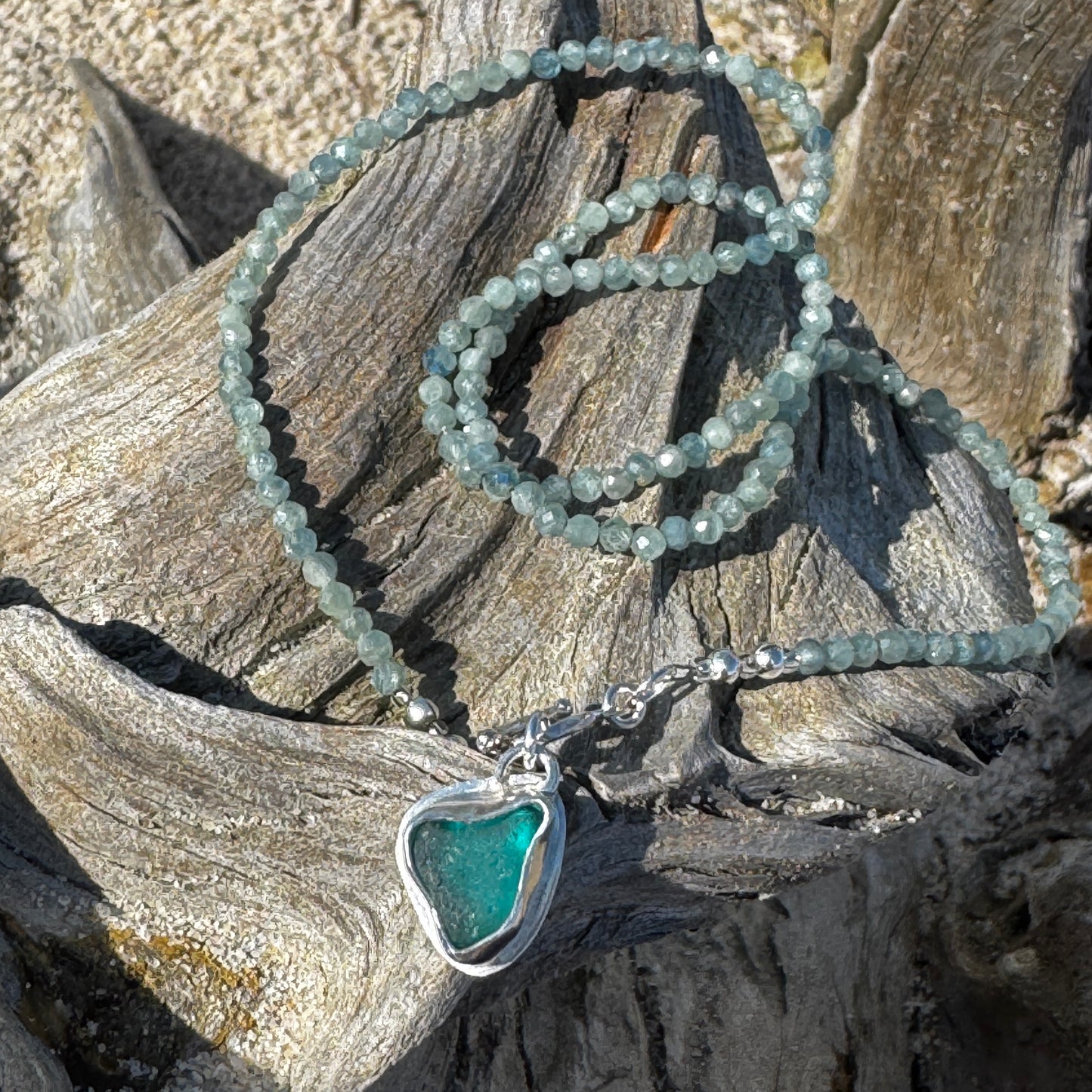 Teal Sea Glass Beaded Kyanite Gemstone Necklace