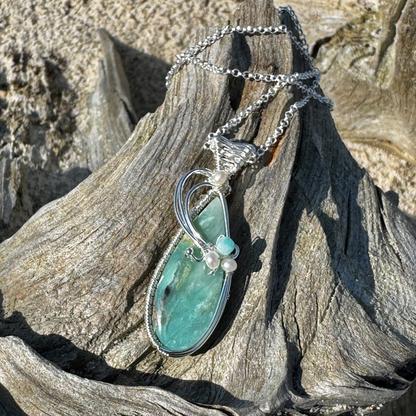 Opal Wood Silver Woven Teardrop Necklace