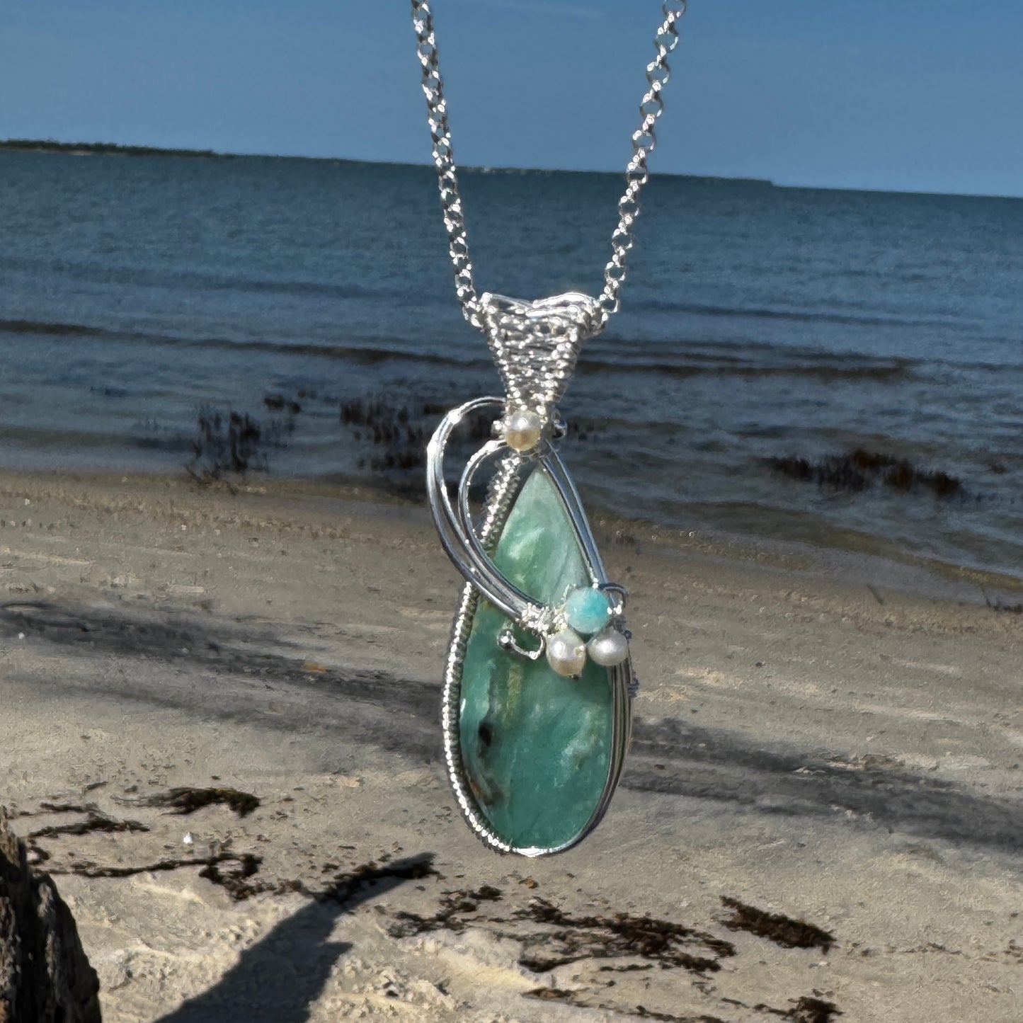 Opal Wood Silver Woven Teardrop Necklace