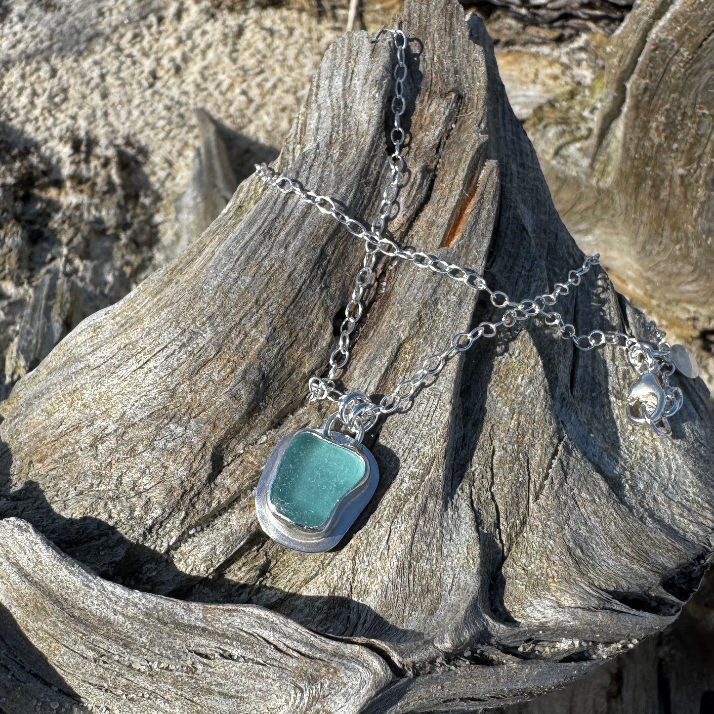 Aqua Sea Glass Bezel Set Necklace