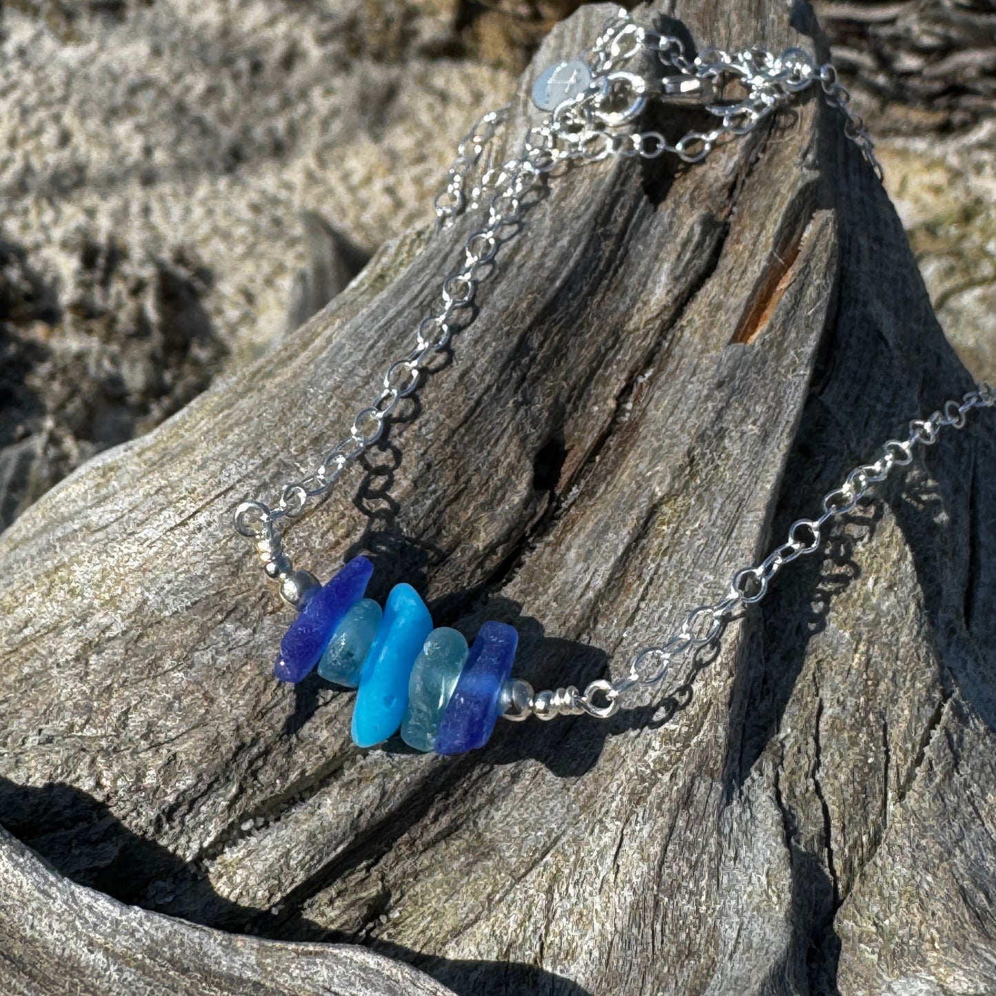 Cobalt, Milk Glass & Aqua Sea Glass Stacker Necklace