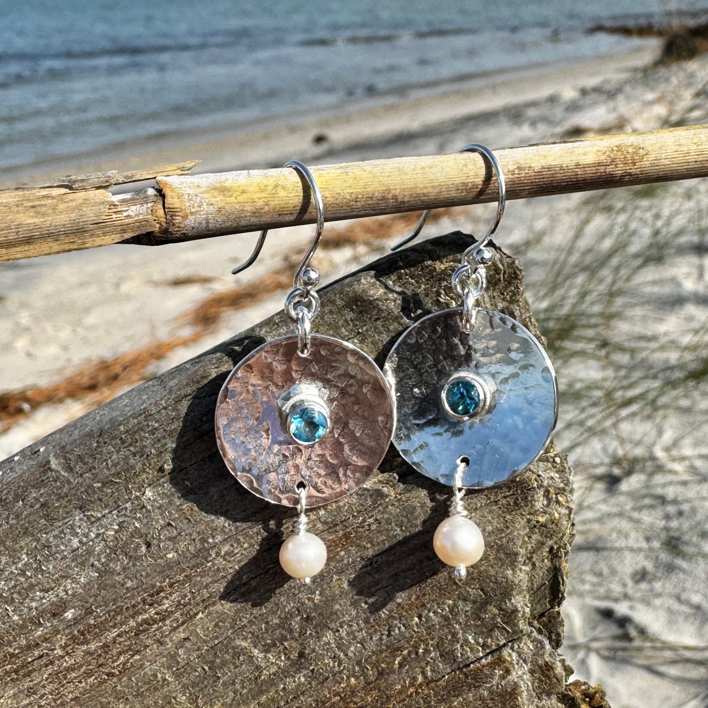 Swiss Blue Topaz & Pearl Domed Disk Earrings