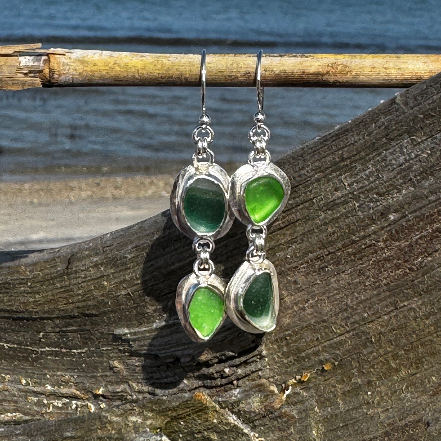 Green Seaham Sea Glass 2-Stone Earrings