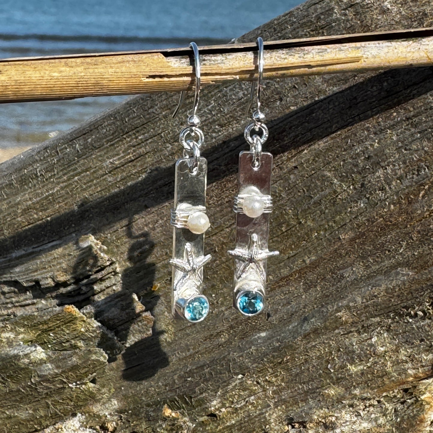 Blue Topaz Starfish & Pearl Bar Earrings