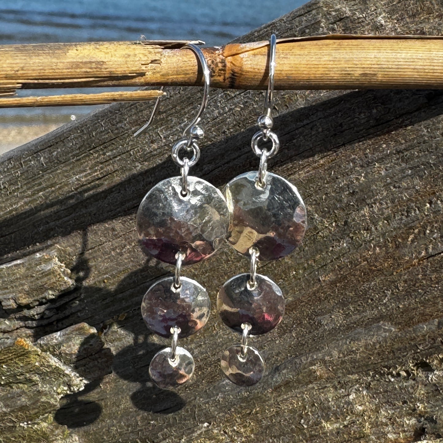 Triple Disk Silver Hammered Earrings