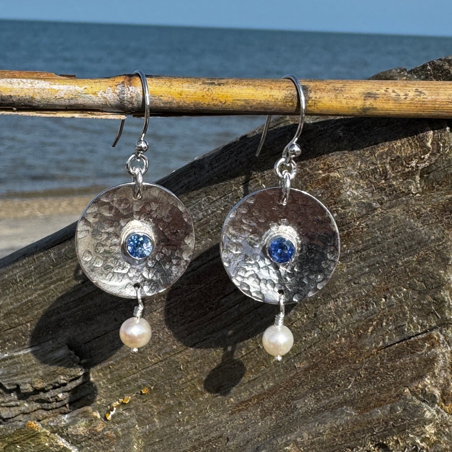 Navy Kyanite & Pearl Domed Disk Earrings