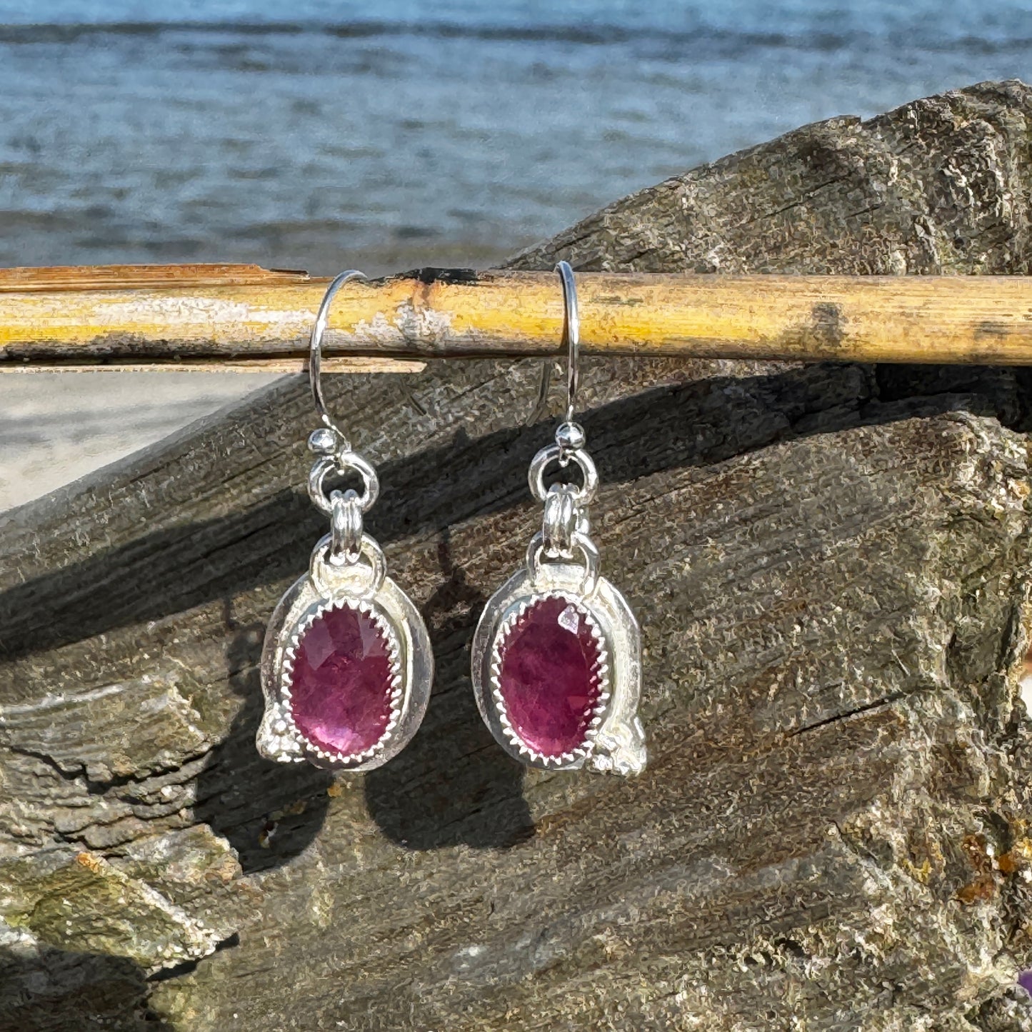 Dark Pink Sapphire Oval Earrings