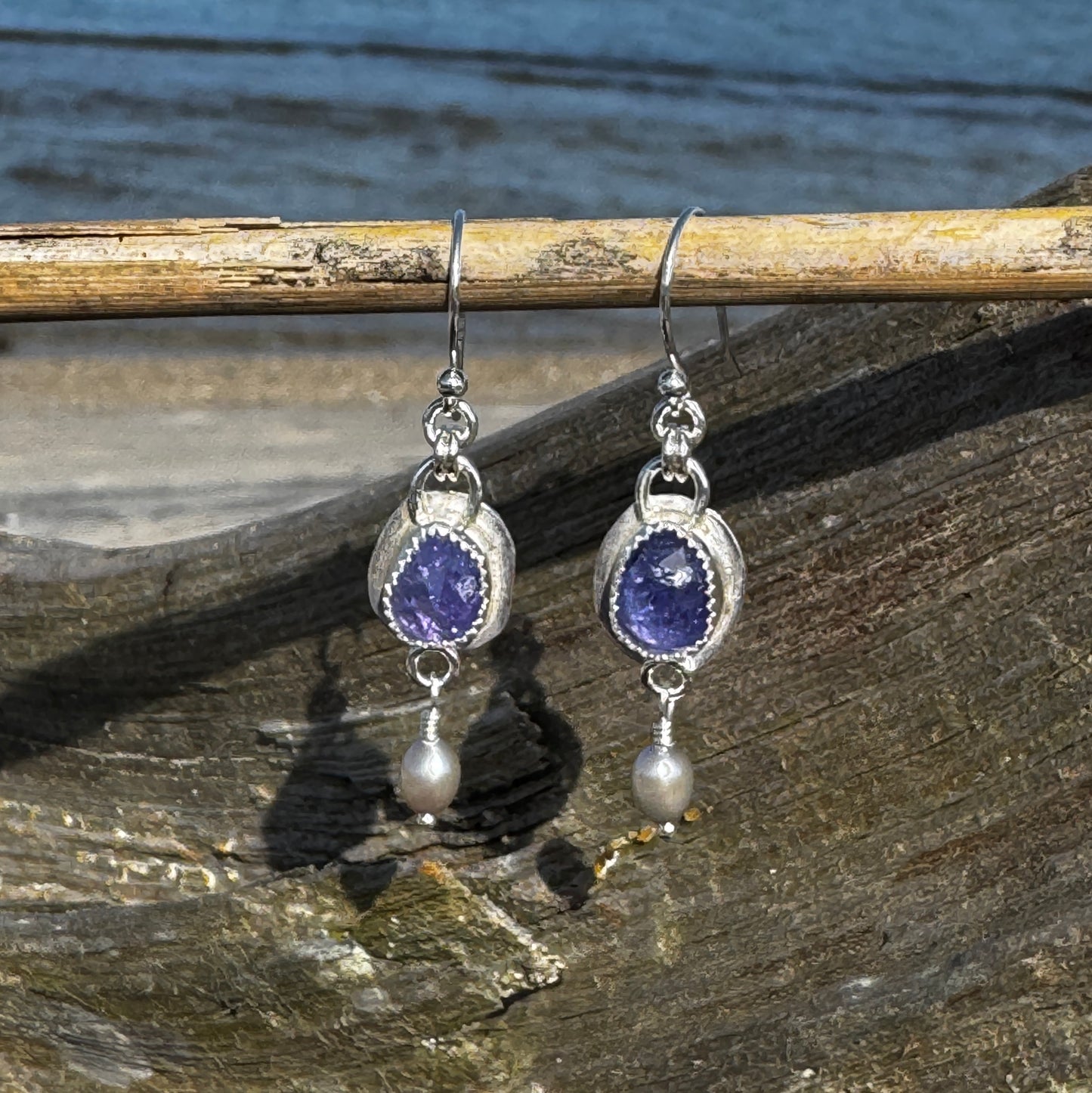 Tanzanite & Grey Freshwater Pearl Earrings