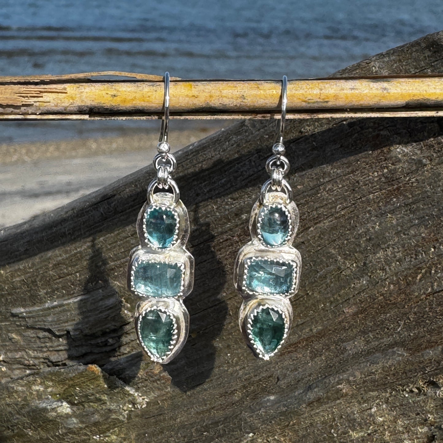 Pariba Blue Apatite, Bi-Color Kyanite & Green Kyanite 3 stone Earrings