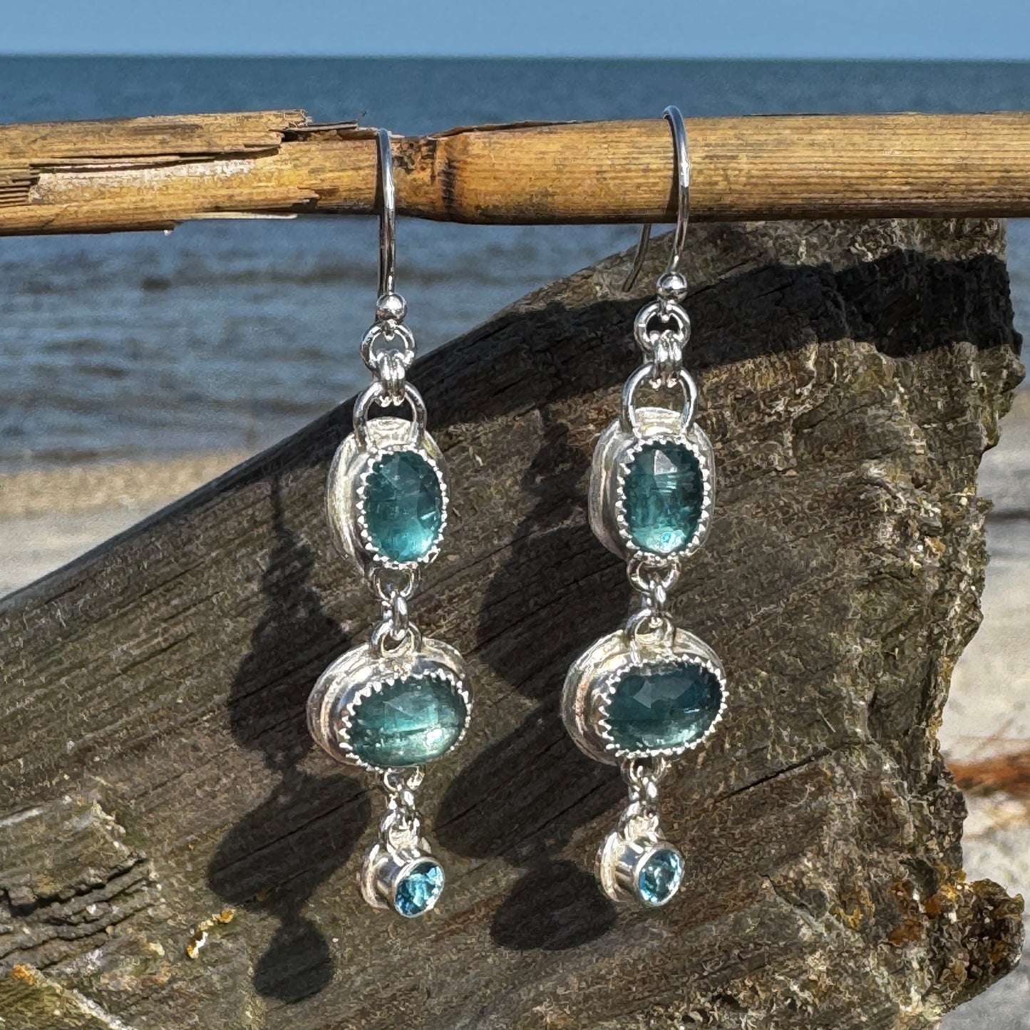 Bi-Color Kyanite, Ocean Kyanite & Topaz 3 stone Earrings