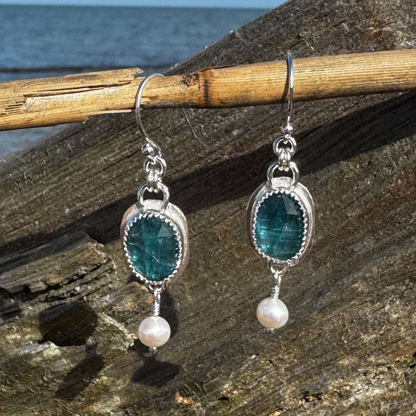 Neon Kyanite & Freshwater Pearl Earrings