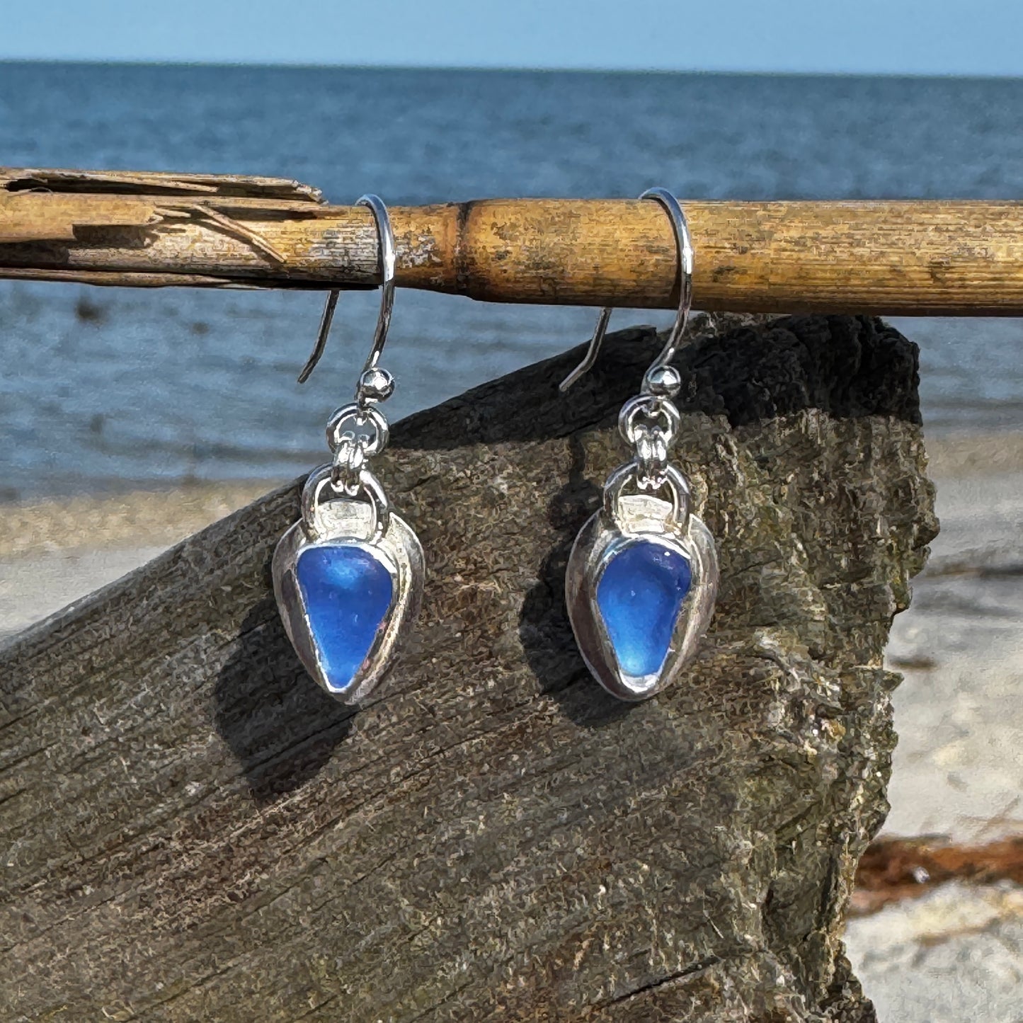 Cornflower Sea Glass Bezel Set Earrings