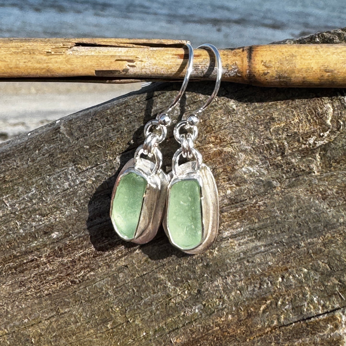 Pale Green Sea Glass Bezel Set Earrings