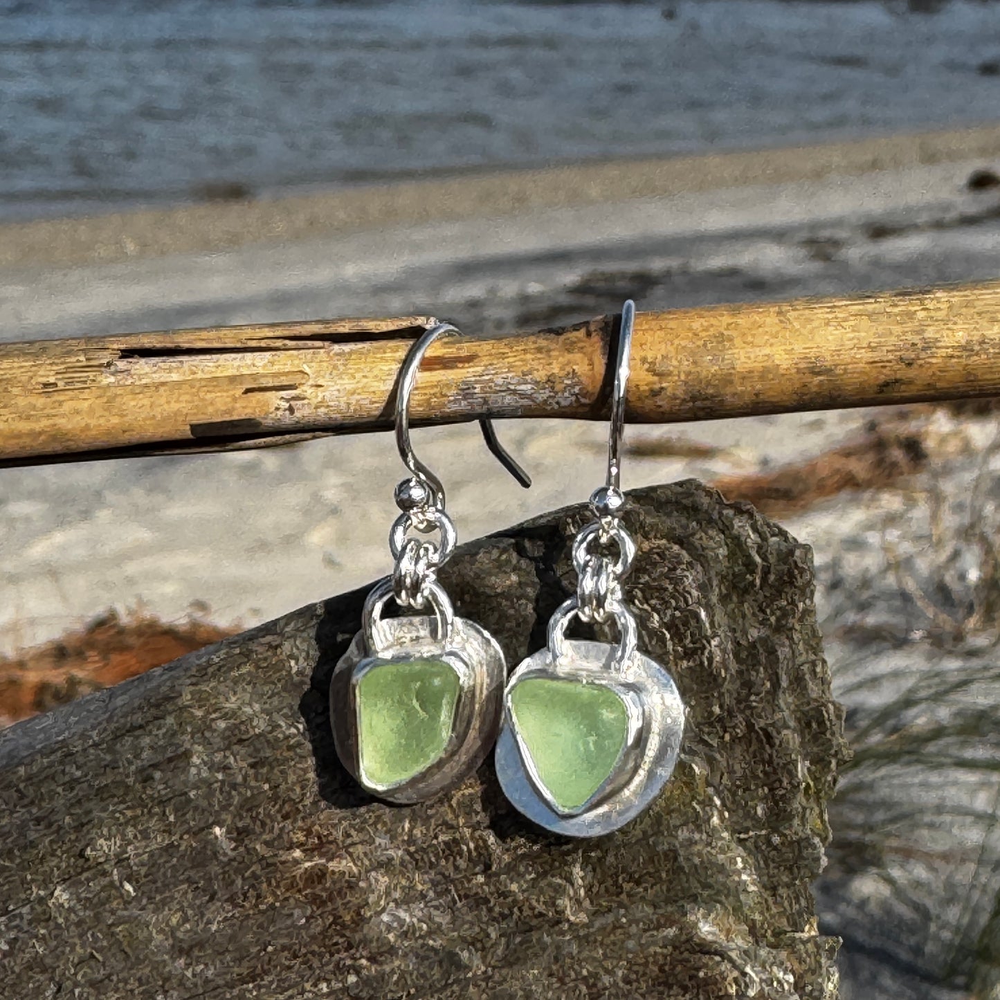 Pale Green Sea Glass Bezel Set Earrings