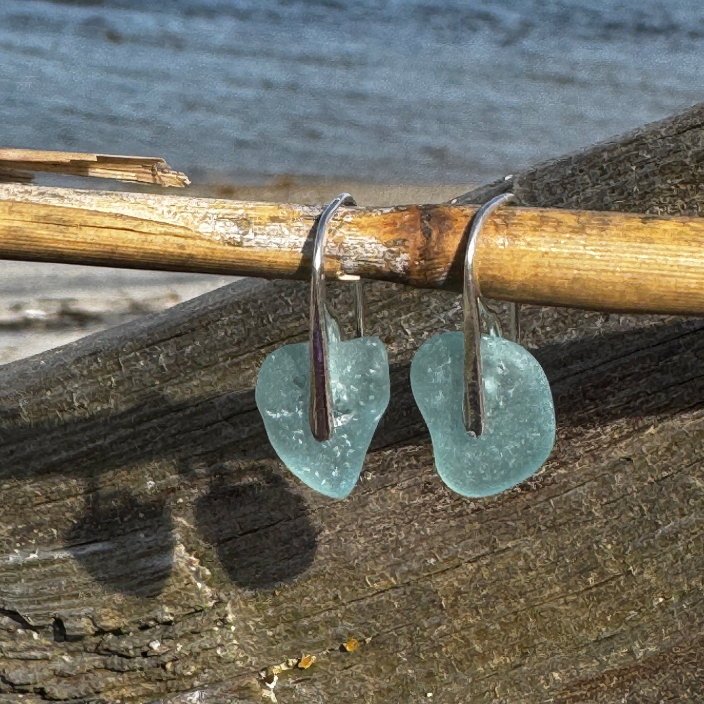 Natural Sea Glass Silver Bar Earrings- 5 Colors