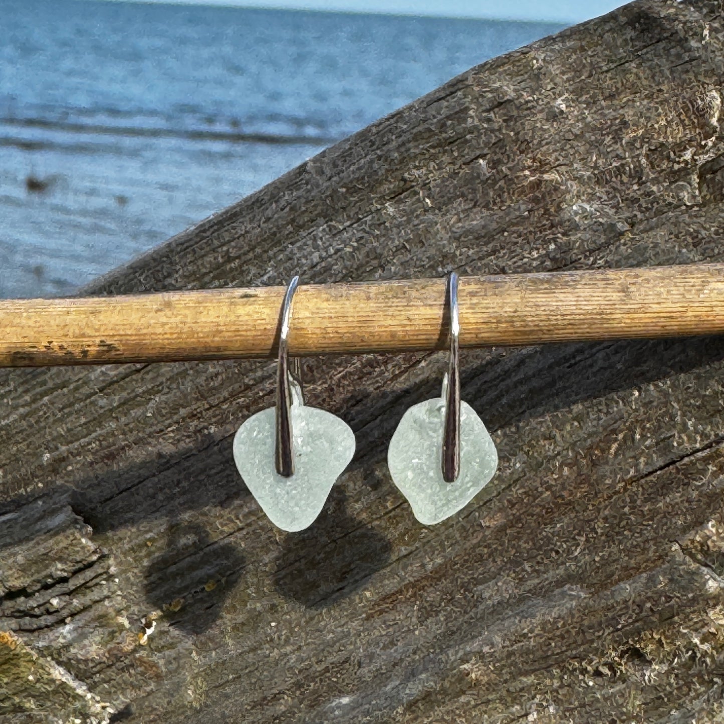 Natural Sea Glass Silver Bar Earrings- 5 Colors
