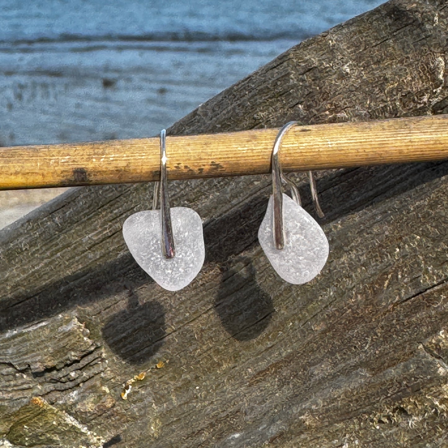 Natural Sea Glass Silver Bar Earrings- 5 Colors