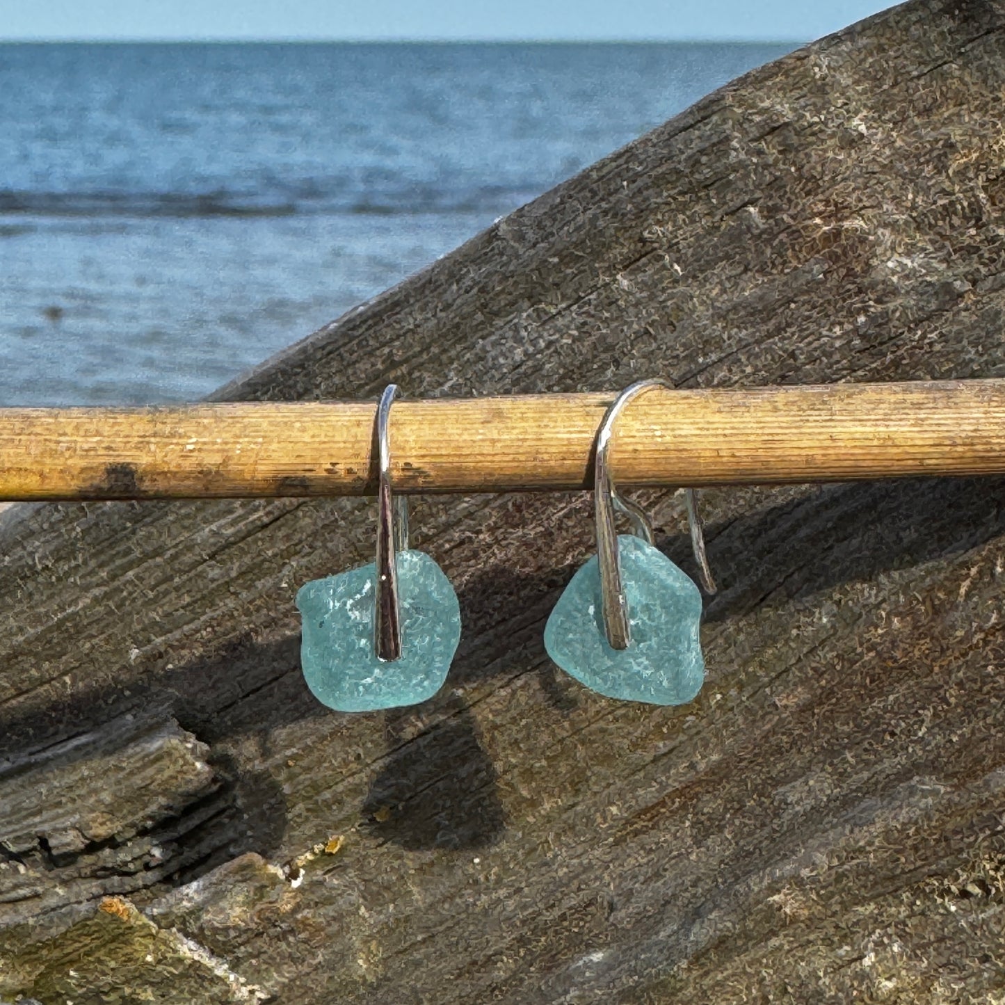 Natural Sea Glass Silver Bar Earrings- 5 Colors