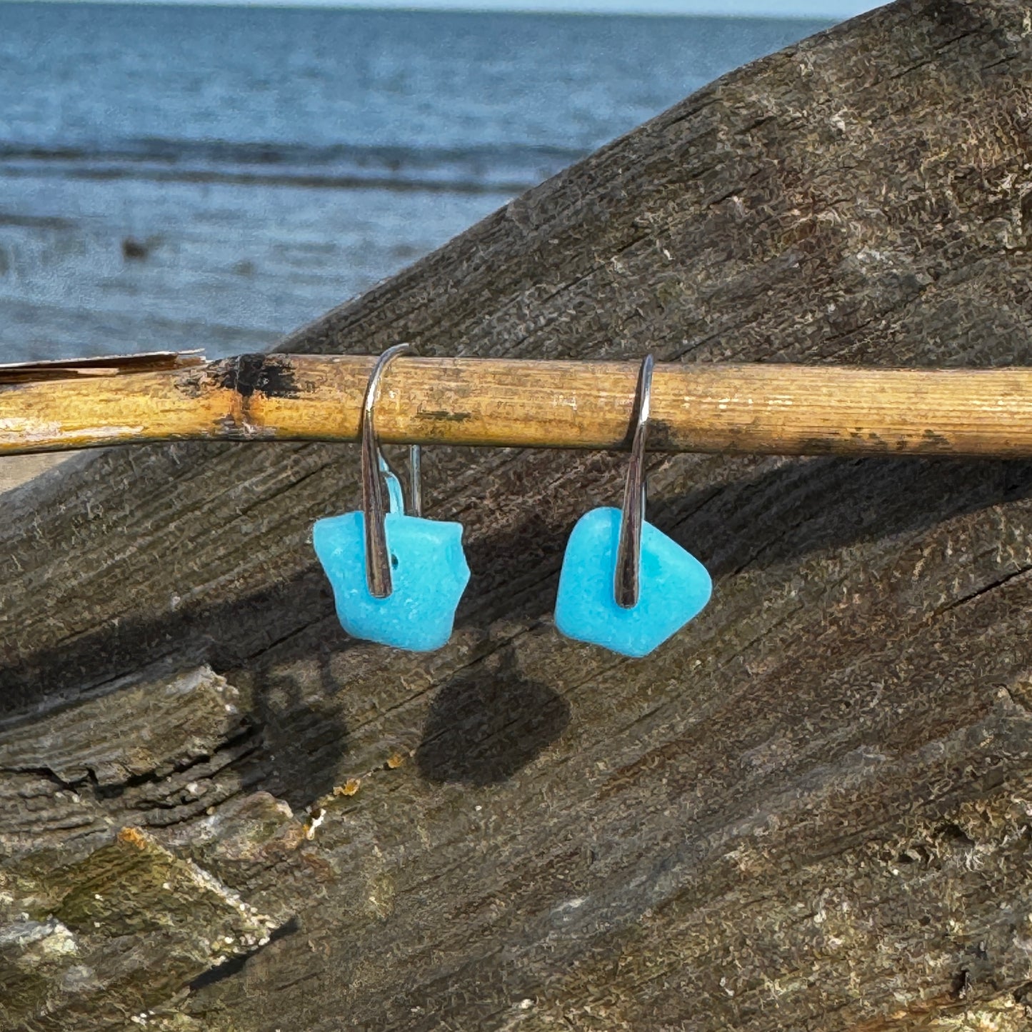 Natural Sea Glass Silver Bar Earrings- 5 Colors