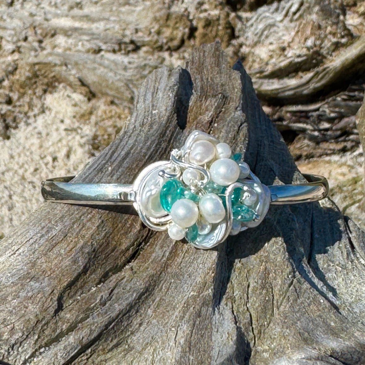 Apatite & Pearl Hinged Silver Bangle Bracelet