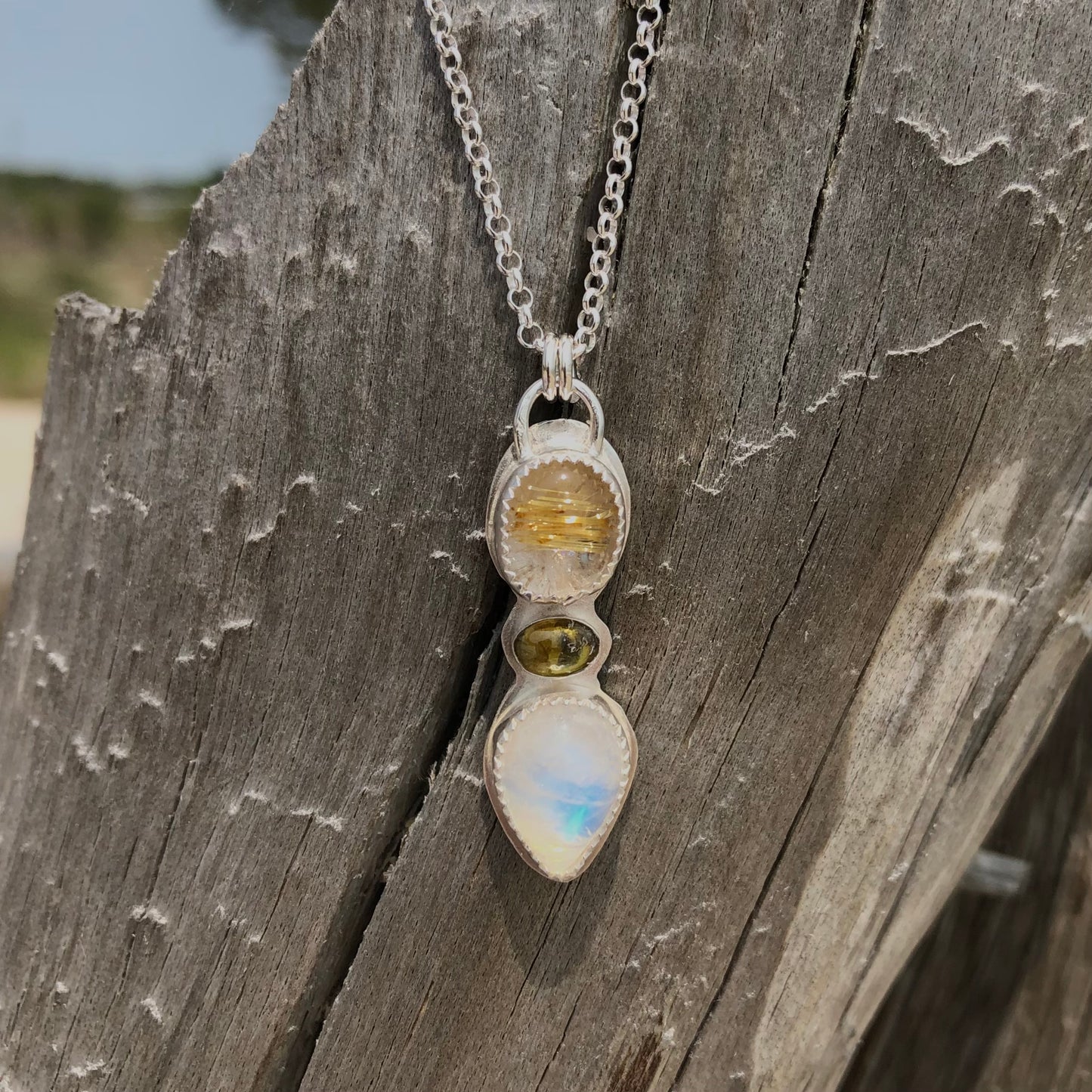 Golden Rutilated Quartz, Green Garnet & Moonstone Necklace