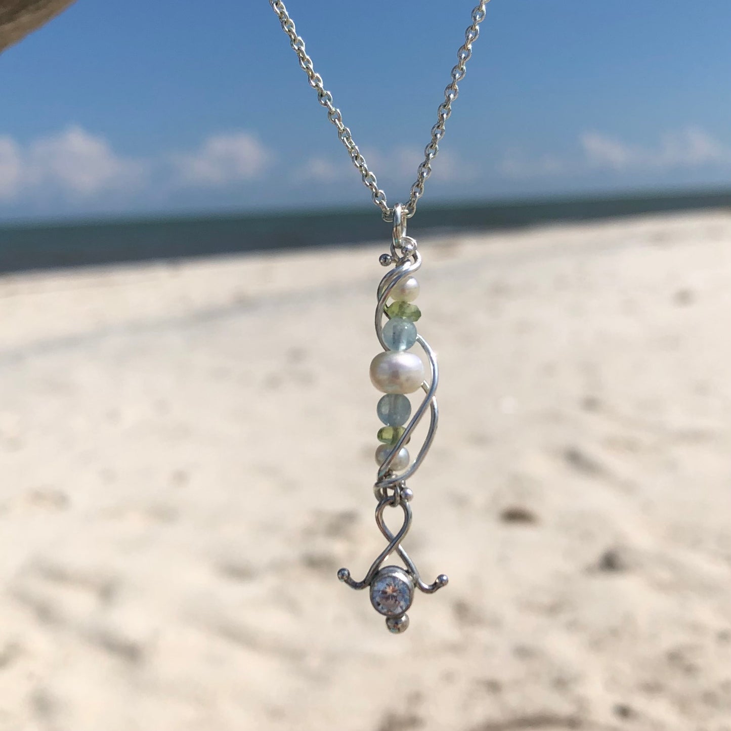 Aquamarine, Peridot & Pearl CZ Anchor Necklace
