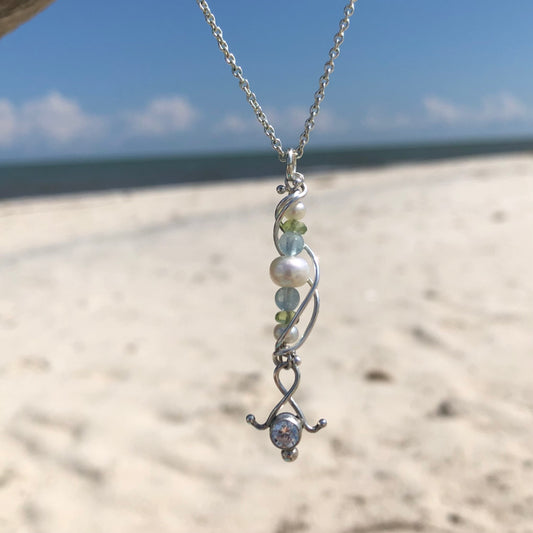Aquamarine, Peridot & Pearl CZ Anchor Necklace